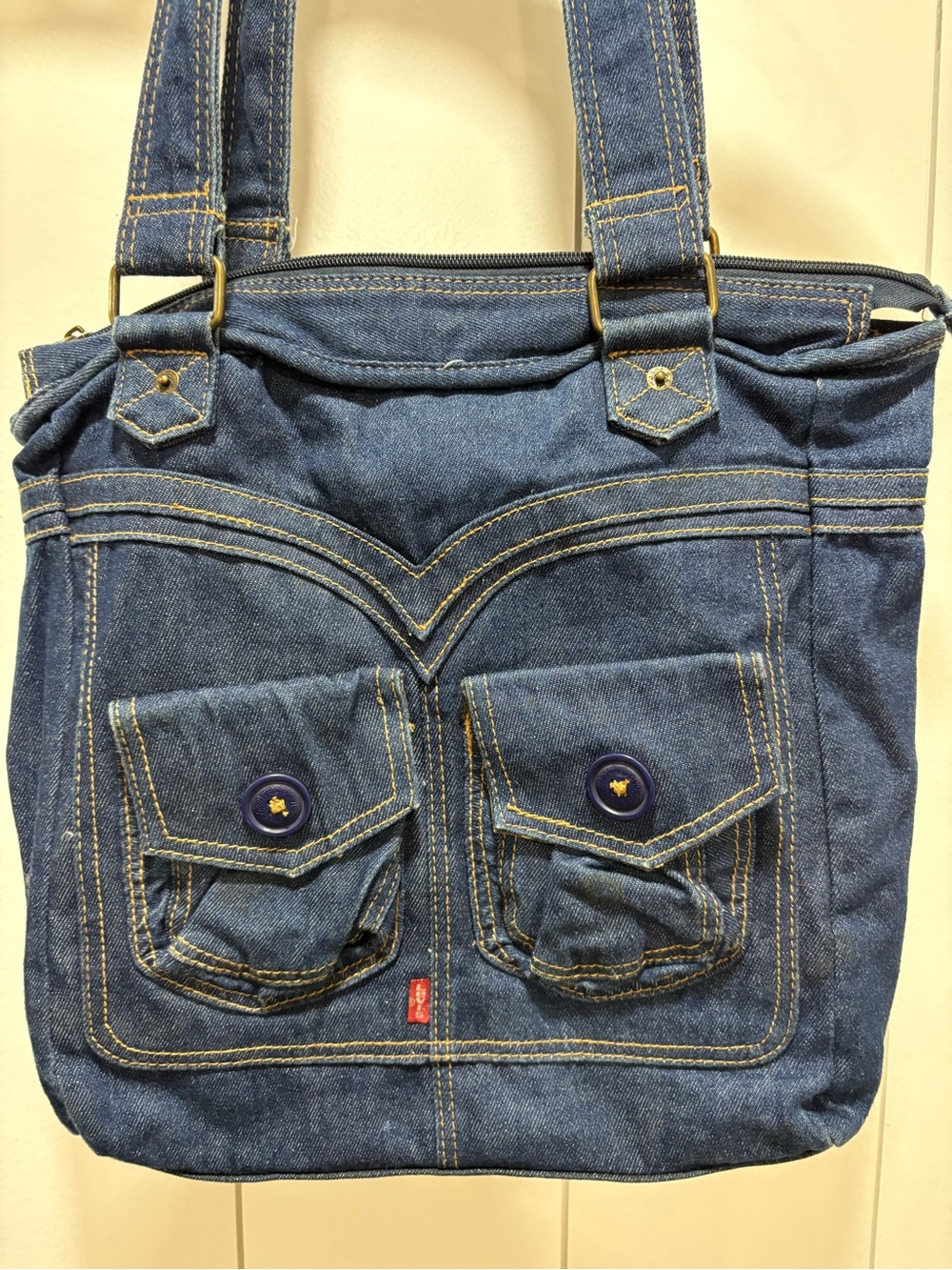 Vintage Levi’s Purse Denim Floral Dark Blue Retro Hippie Y2K Zippered Tote Bag - Picture 2 of 5